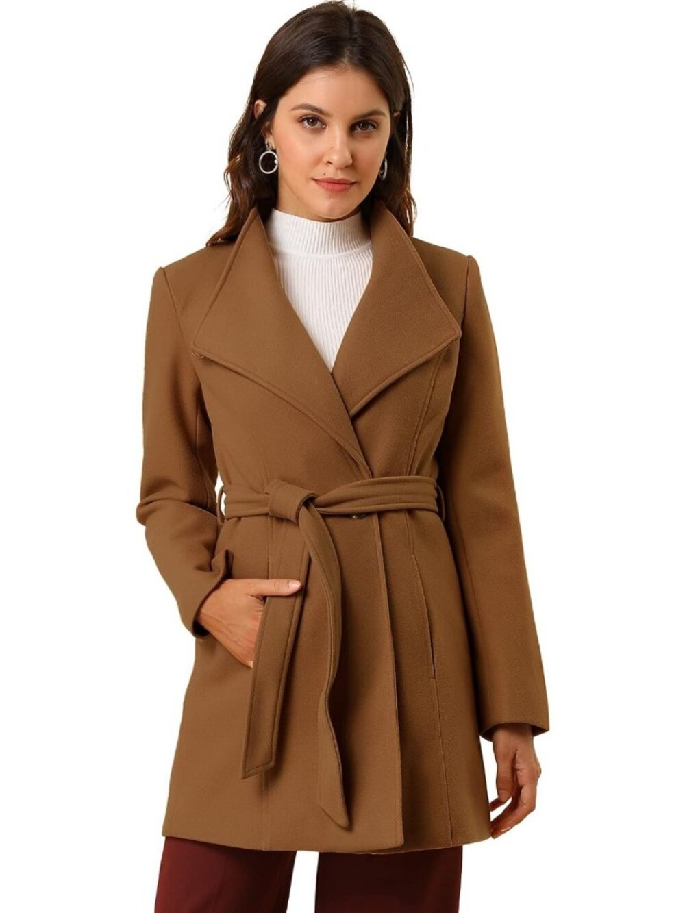 Elegant Women's Winter Overcoat, Stand Collar, Long Belted Pea Coat, Warm